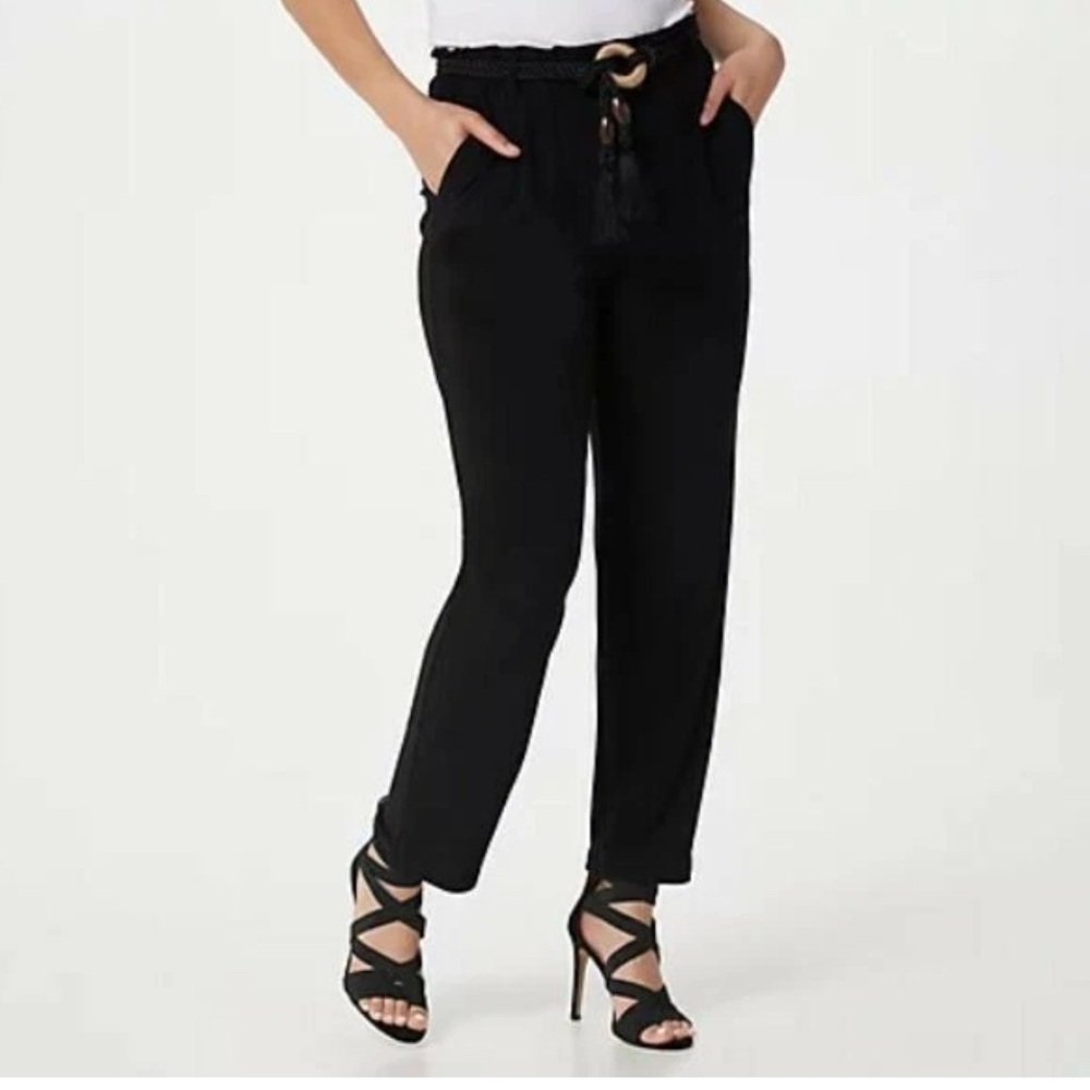 Dennis Basso knit elastic waist black pants rope belt L new